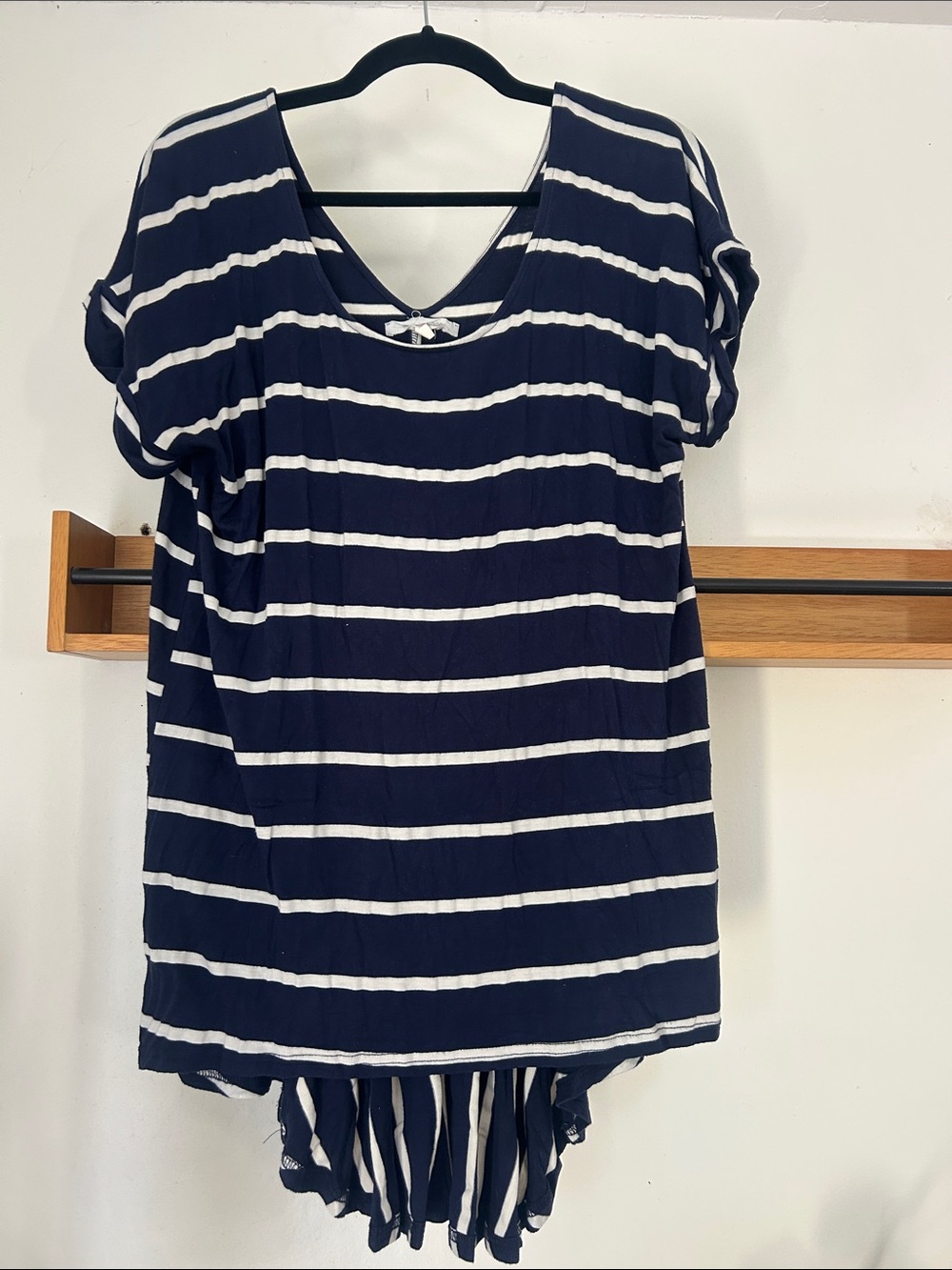 Anthropologie, Pure Good Navy and White Striped Short Sleeve tee Long Flowy Back